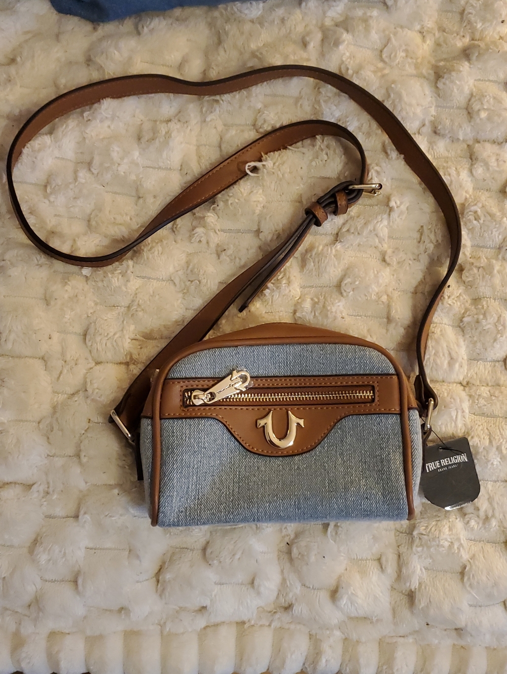 True Religion Denim and Brown Leather Crossbody Shoulder Bag NWT!